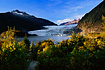 September at the Mendenhall Glacier, with the surrounding landscape glowing in the late afternoon light.